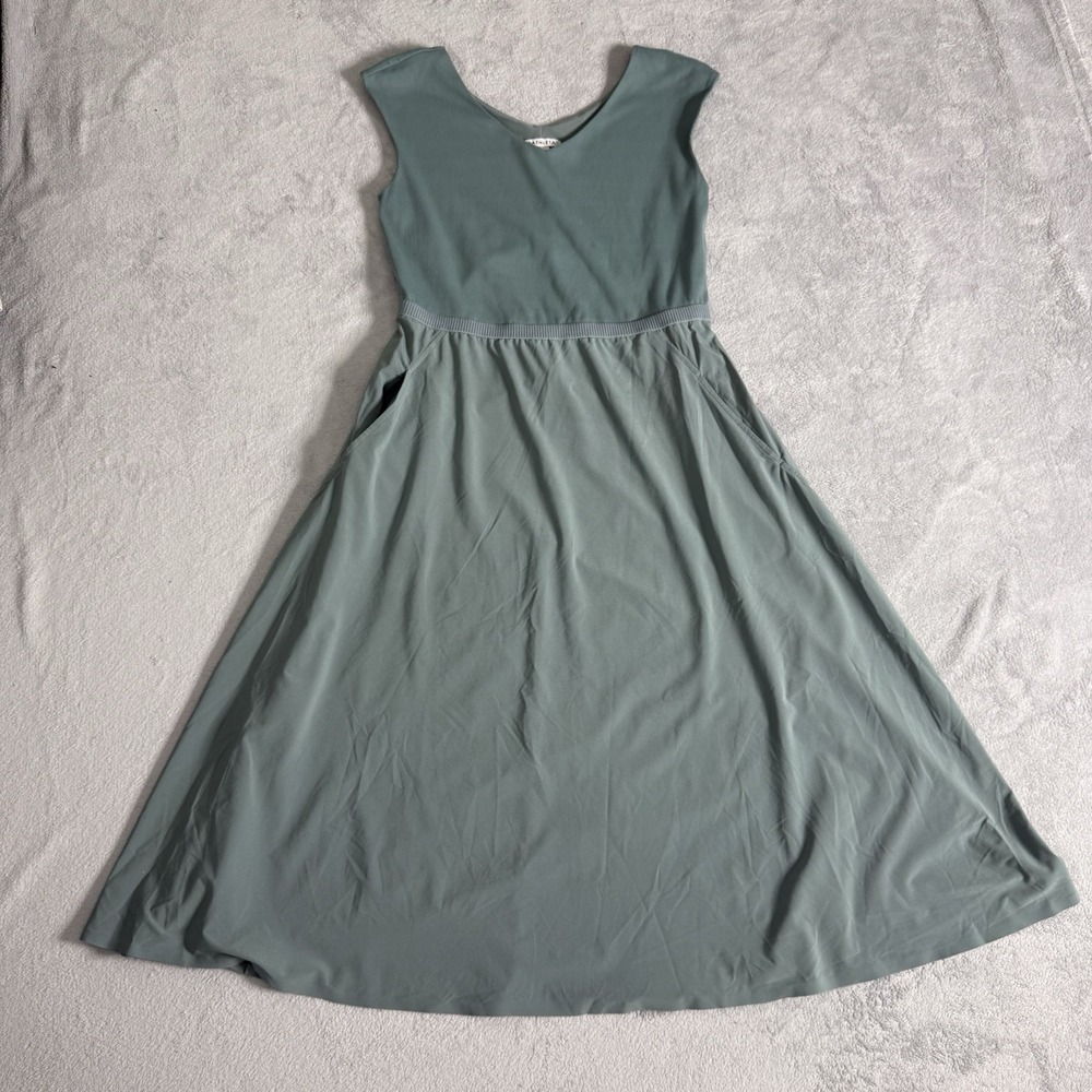 Athleta Dress Women L Sage Green Open Back Cutout Midi Maxi Travel Pockets